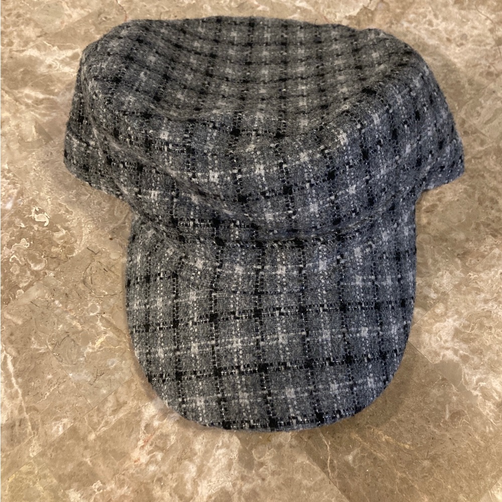 Women's Black and Gray and White Plaid Acrylic Hat